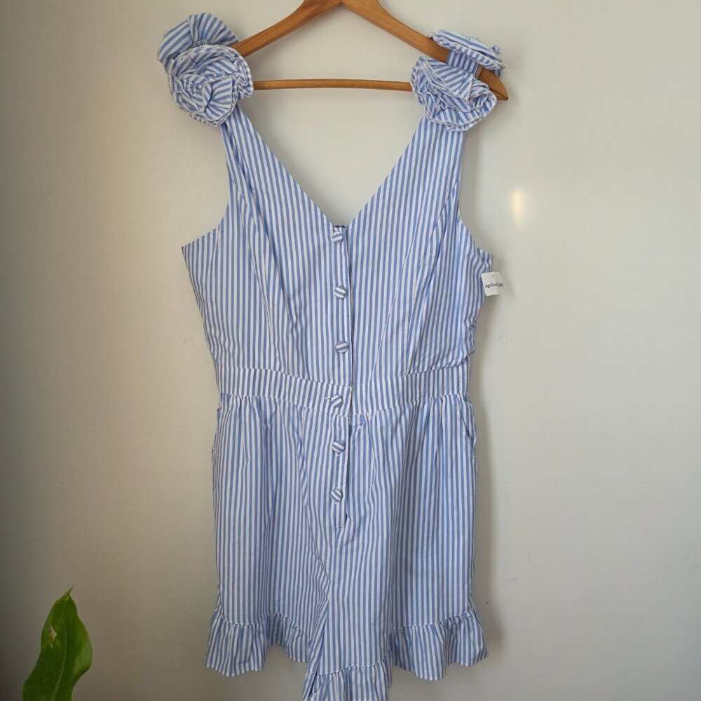 NWT SKIES ARE BLUE STRIPED ROSETTE SHOULDER V NECK BUTTONED ROMPER SIZE M